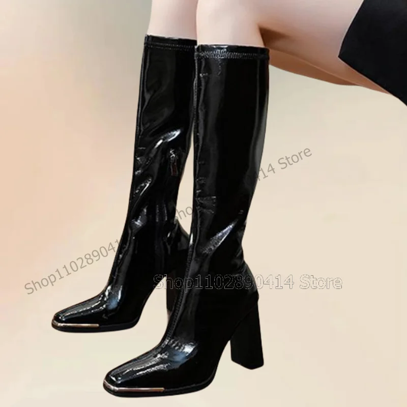 

Metal Decor Black Patent Leather Pointed Toe Boots Side Zipper Women Shoes Chunky High Heels Fashion 2024 Zapatos Para Mujere