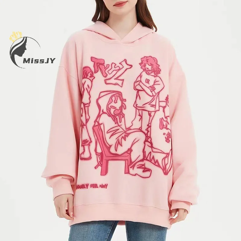 

2024 Y2K Streetwear Pink Hoodie Sweatshirt Funny Graffiti Cartoon Print Loose Harajuku Anime Hooded Pullover Hip Hop Hipster