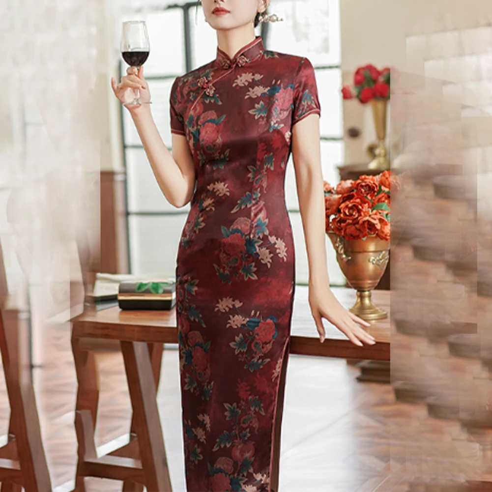 

Black Vintage Party Show Gown, Women Chinese Traditional Qipao Dress, Faux Silk Satin Cheongsam, Elegant Design