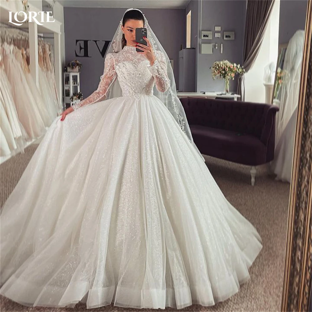 LORIE Empire Glitter Lace Wedding Dresses High Neck Appliques Cap Sleeves A-Line Bridal Gowns Shiny Princess Ball Bride Dress
LORIE Empire Glitter Lace Wedding Dresses High Neck Appliques Cap Sleeves A-Line Bridal Gowns Shiny Princess Ball Bride Dress