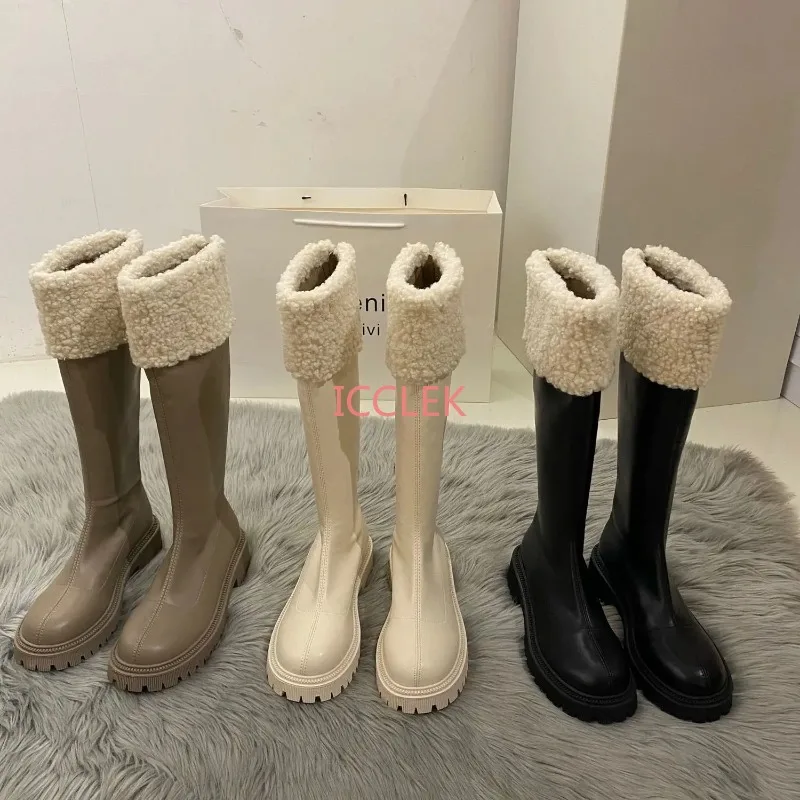 

2023 New Comfortable Leather Round Toe Med Heel Fur Snow Boots Winter Fleece-lined Shoes Warm Concise Zipper Thigh High Boots
