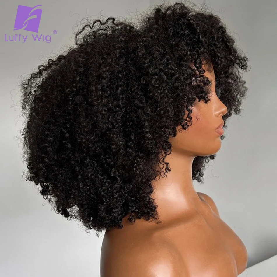 

Short Afro Kinky Curly Wigs With Bangs Human Hair Brazilian Remy Hair O Scalp Top Bang Wig 200 Density For Black Women Luffywig