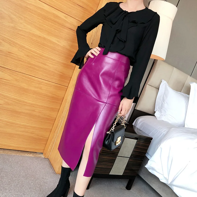 

Genuine Leather Skirt New High Waisted Simple Slit One Step Skirt Slimming Long Skirt Sheep Leather Bag Buttocks Half Skirt For