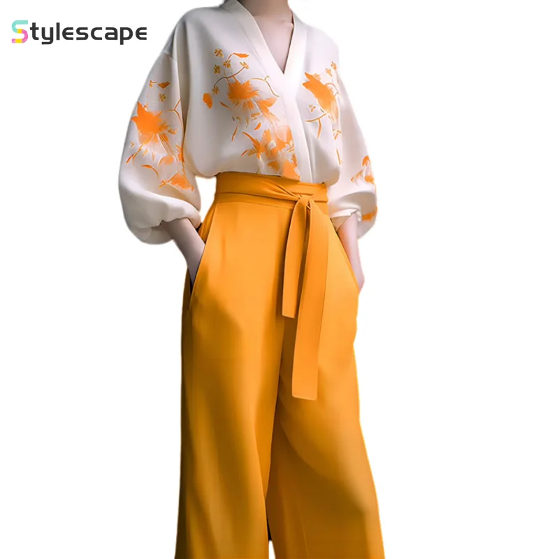 

2024 Early Spring and Autumn New Maillard Fashion New Chinese Retro High End Slimming and Meat Covering Shirt Wide Leg Pants Set