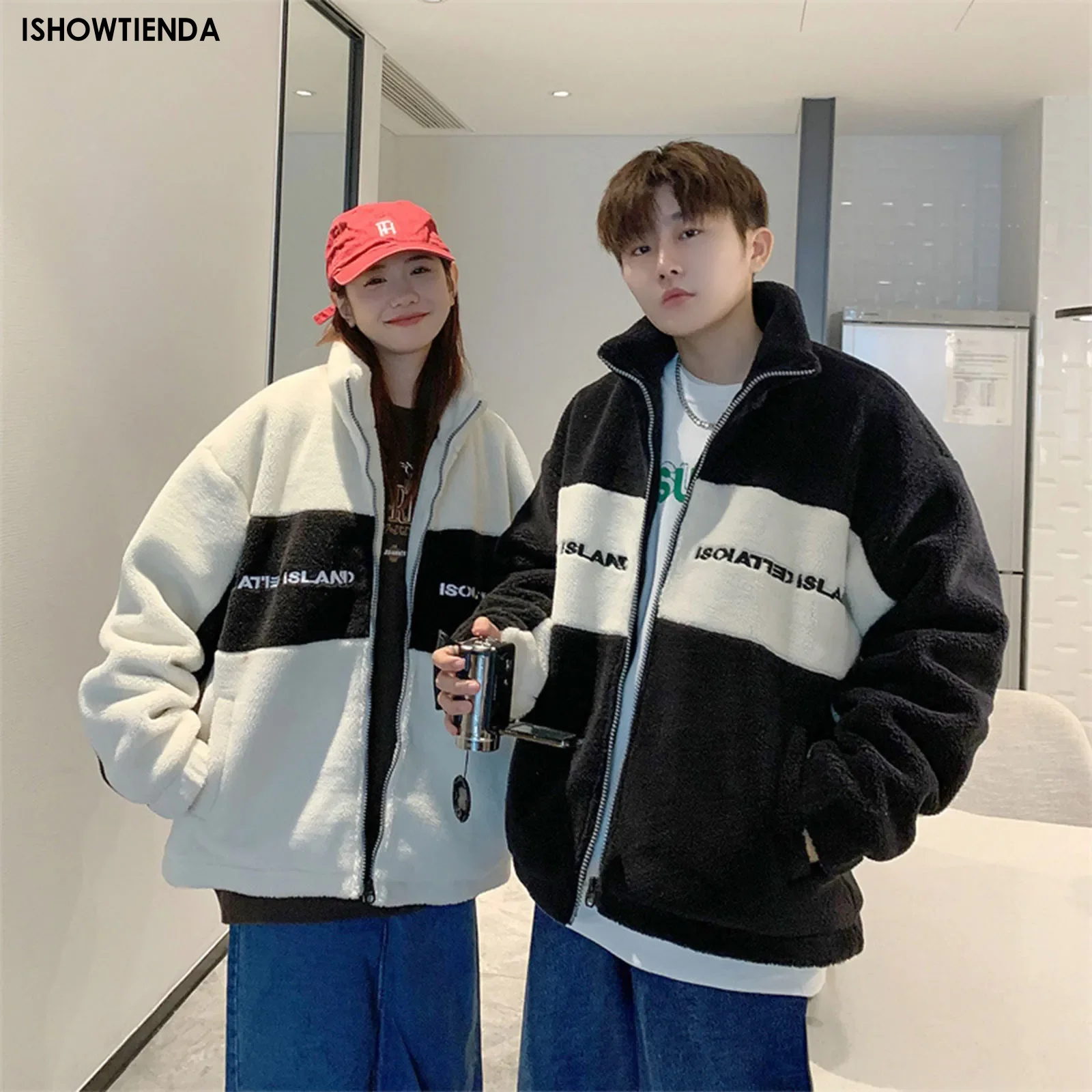 

Couple Oversize Loose Lamb Fleece Jacket Black Beige Harajuku Fuzzy Coat 2024 Men Streetwear Hip Hop Winter Fleece Fluffy Jacket