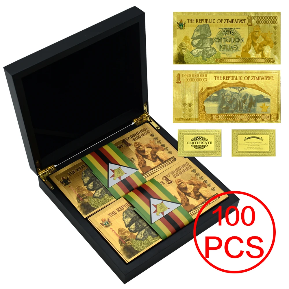 100pcs/box New Zimbabwe One Yottalilion Dollars Gold Banknotes Zimbabwe Paper Money with Box for Collection Gifts
100pcs/box New Zimbabwe One Yottalilion Dollars Gold Banknotes Zimbabwe Paper Money with Box for Collection Gifts