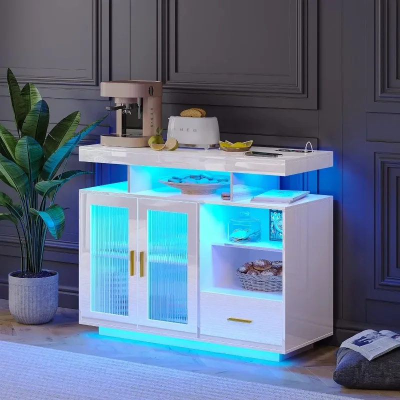 

39.4" Modern LED Sideboard Buffet Cabinet with Charging Station, High Glossy Cupboard with Body Sensor Light, Coffee Bar Cabinet