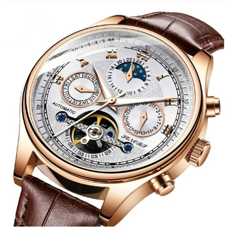 SENORS Skeleton Tourbillon Mechanical Watch Men Automatic Moon Phase Leather Watches Mechanical Wrist Watches Reloj Hombre 3 ATM
SENORS Skeleton Tourbillon Mechanical Watch Men Automatic Moon Phase Leather Watches Mechanical Wrist Watches Reloj Hombre 3 ATM