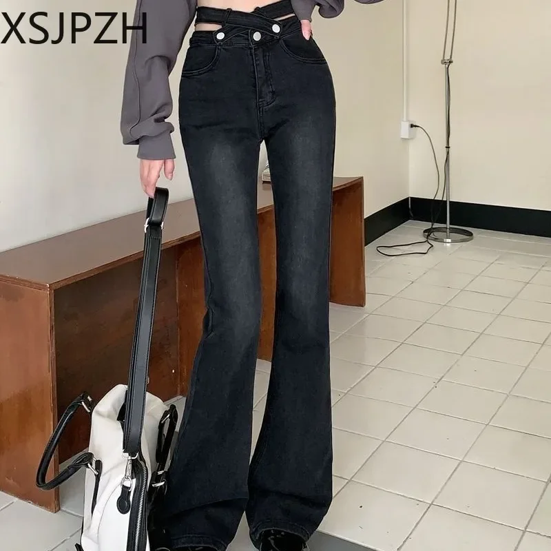 

Women's Pants High Waisted Criss-cross Design Wide Leg Slimming Flared Trouser Spring New Jeans 2023 Fashion Cowboy Girl Tide