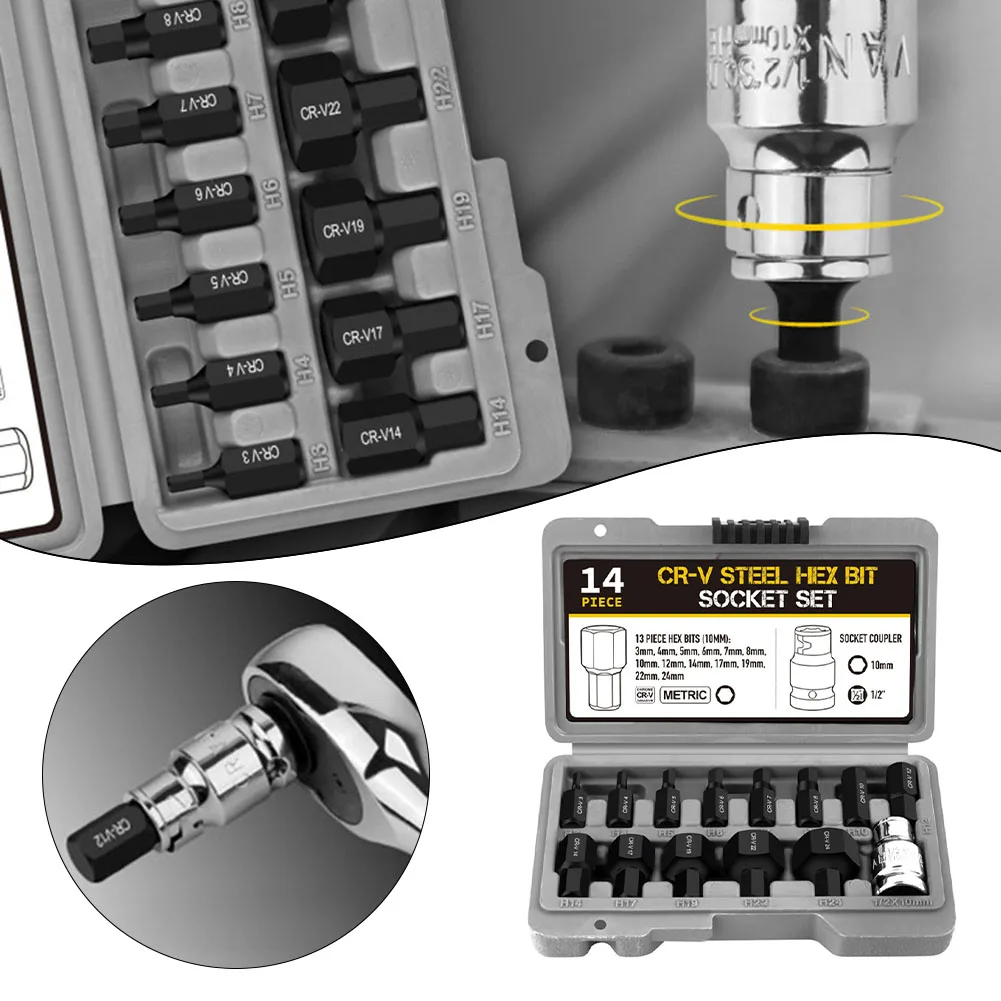 14pcs Hexagonal Bits Set With 1/2Inch×10mm Adapter Hex Screwdriver Bits 3-24mm For Hand Tools Accessories
14pcs Hexagonal Bits Set With 1/2Inch×10mm Adapter Hex Screwdriver Bits 3-24mm For Hand Tools Accessories