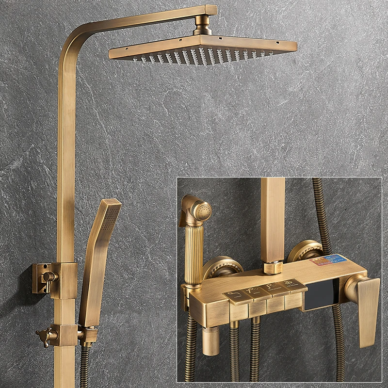 

Antique Gold Shower Set Bathroom Hot Cold Mixer Bath Faucets Bathtub Rod SPA Rainfall Tap Wall Mount Luxury Copper Retro Faucet