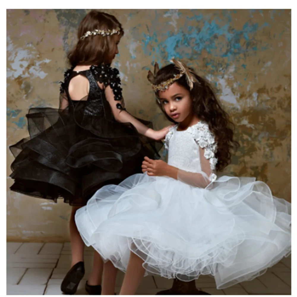

Flower Girl Dresses Knee Length Sequined Jewel Neck Long Sleeve Floral Appliques Tulle Pageant Dresses First Communion