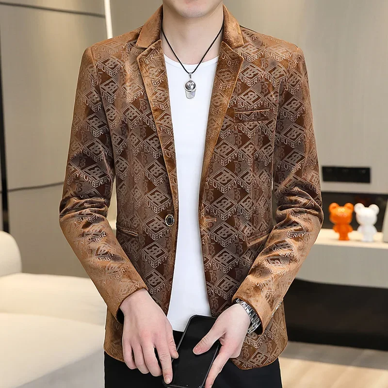 

New Luxury Printed Mens Blazers Jacket Casual Business Slim Fit Men Corduroy Suit Coat High Quality Korean British Costume Homme