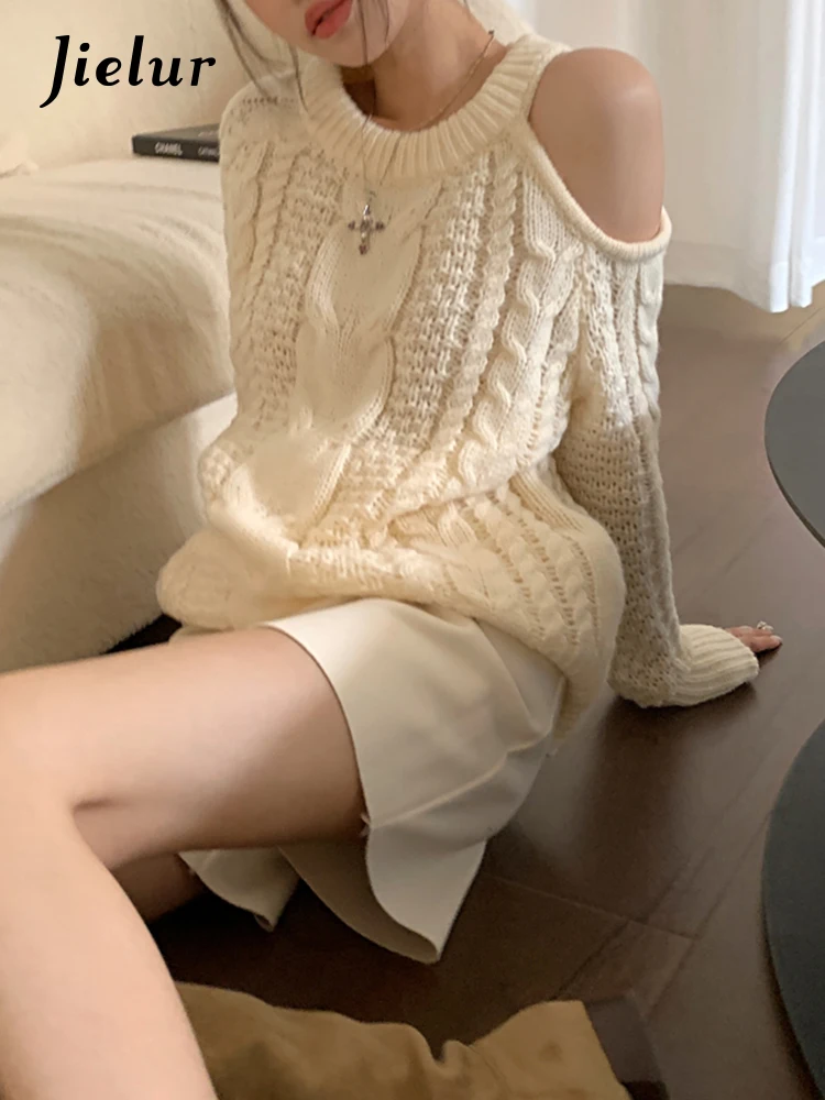 

Jiekur Loose Apricot Pullover Off the Shoulder Twisted Sexy Sweater Women Korean Knitwear Autumn Sweet Slim Knitted Top Female