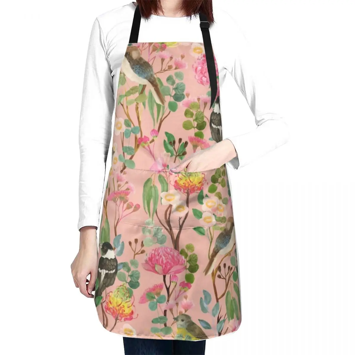 

Australian Birds and Blooms Native Flora Chinoiserie Apron Kitchen Handle For Women manicurist apron