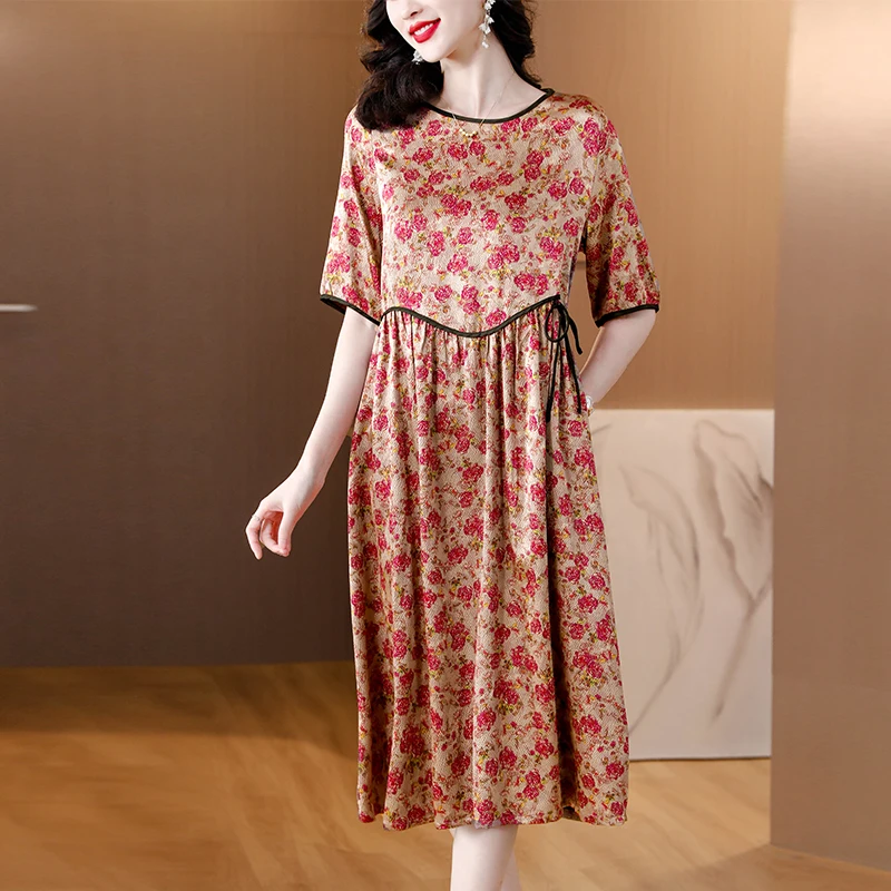 

2024 New Fashion Silk Mulberry Silk Printed Dress Women's Summer Fragmented Flower Loose Fit Casual Holiday Dress Vestidos