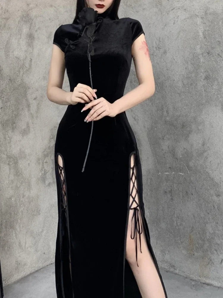 

Retro Chinese style velvet cheongsam improved dress new Chinese slit tall cool sa black temperament long dress