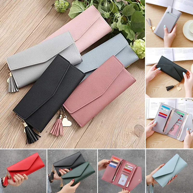 

2023 Fashion Womens Wallets Simple Zipper Purses Black Purple Gray Red Long Section Clutch Wallet Soft PU Leather Money Bag