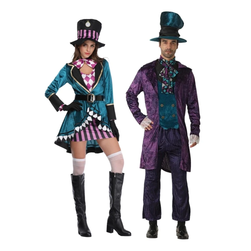 

Carnival Couple Alice In Wonderland Cosplay Costume Mad Hatter Outfit Adult Fairy Tale Dress Women Magic Show Tuxedo Fancy Dress