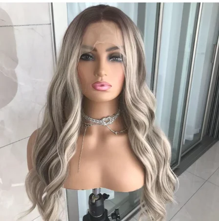 

Dropship highlight ash blonde wavy synthetic wig Pre Plucked Natural Hairline high quality synthetic lace wigs heat resistant