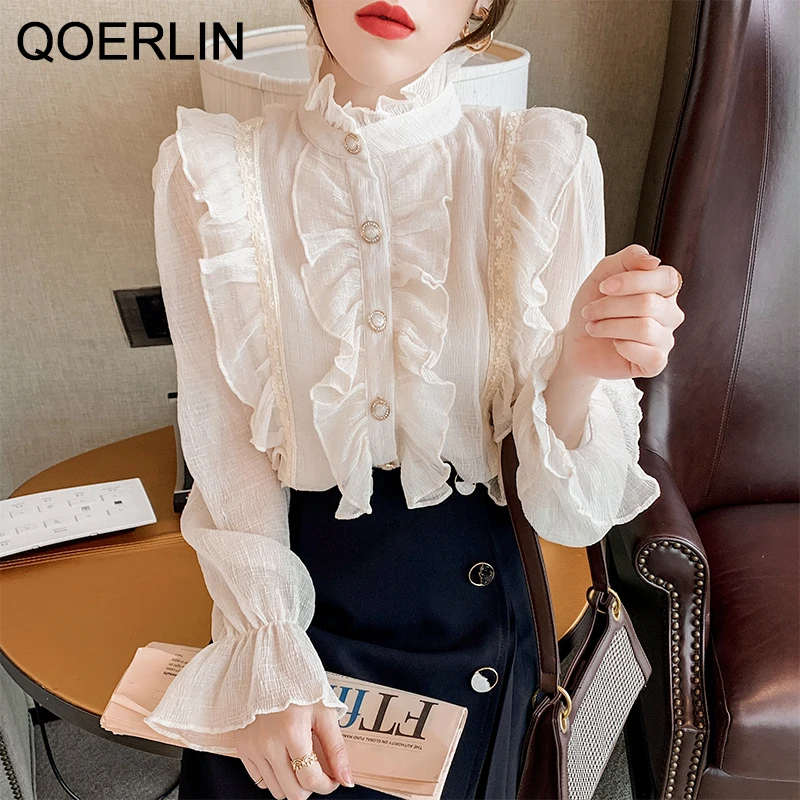 

QOERLIN French Chemise Blouse Ruffle Stand Collar Sleeves Apricot Cotton Turtleneck Flare Sleeve Button Up Shirts Elegant Tops