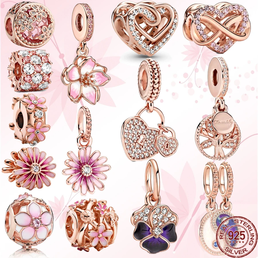 

Rose Gold Charm Series 925 Sterling Silver Daisy Flower Heart Family Tree Yinyang Bead Fit Original Pandora Bracelet DIY Jewelry