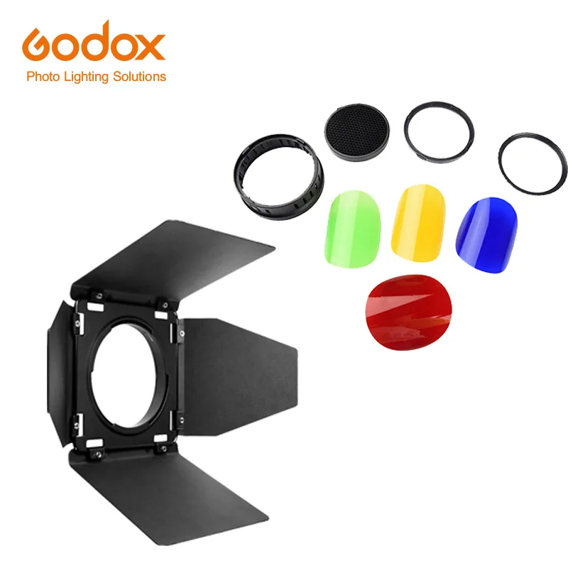 

Godox BD-08 Barn Door С Honeycomb Grid и 4 цветными гелевыми фильтрами для Godox AD400Pro Outdoor Flash (красный, желтый, синий, зеленый)