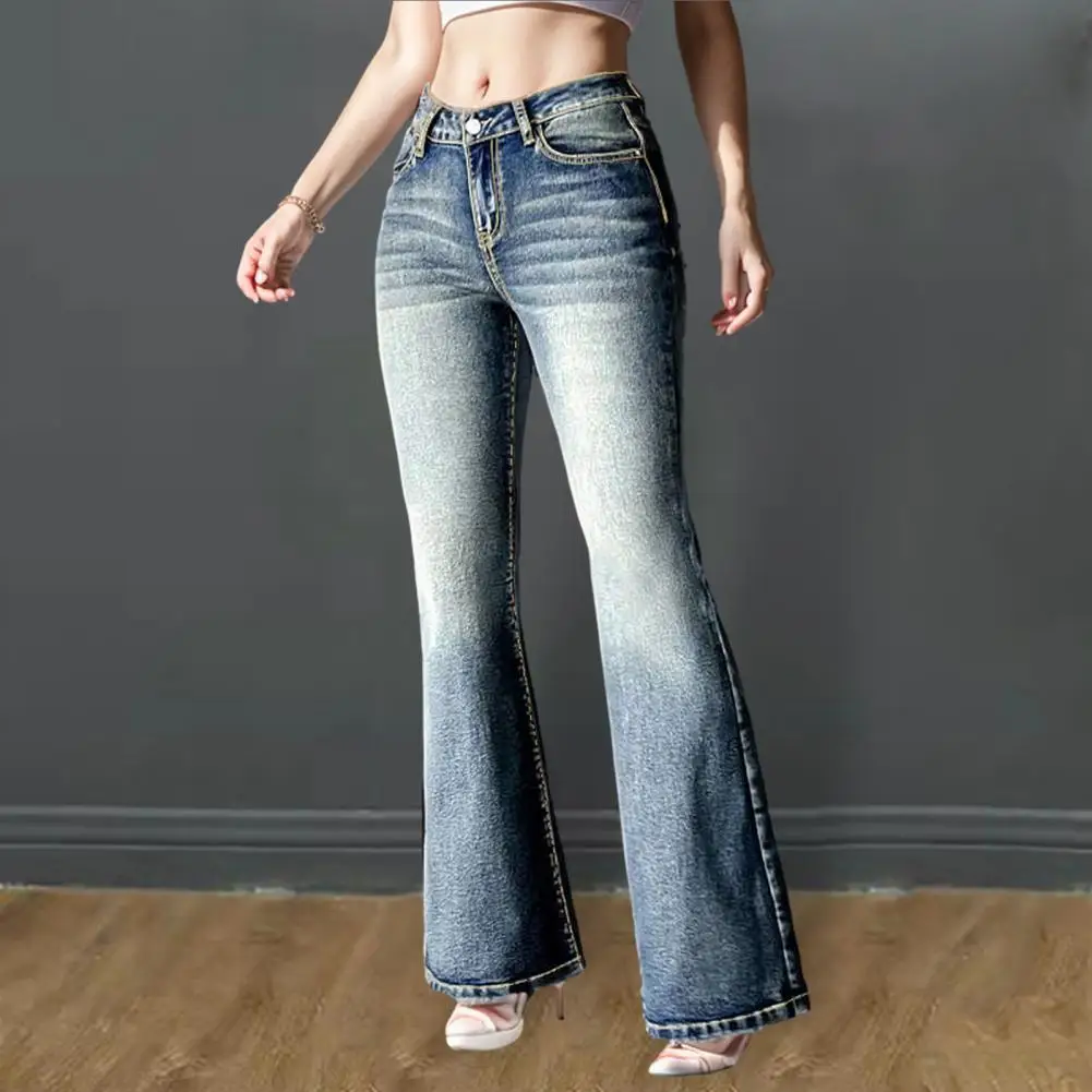 

Women Jeans High Waist Gradient Color Retro Pockets Slim Fit Full Length Colorfast Flared Hem Zipper Button Closure Lady Long Tr