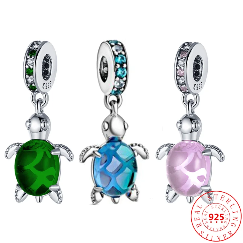 

925 Sterling Silver Murano Glass Blue Green Pink Sea Turtle Pendant DIY Beads Fit Original Pandora Charms Bracelet Women Jewelry