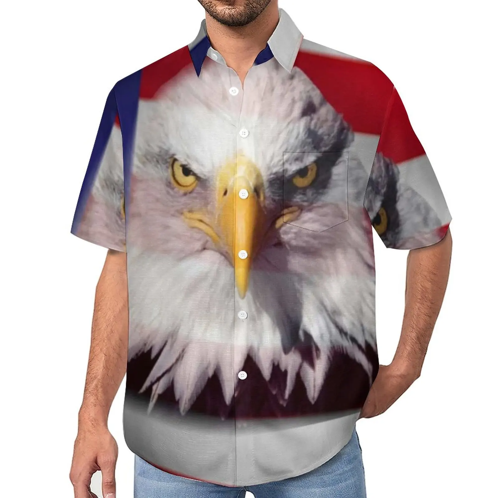 

Eagle America Loose Shirt Men Beach Red And White Striped Star Print Casual Shirts Hawaiian Design Short Sleeve Oversize Blouses