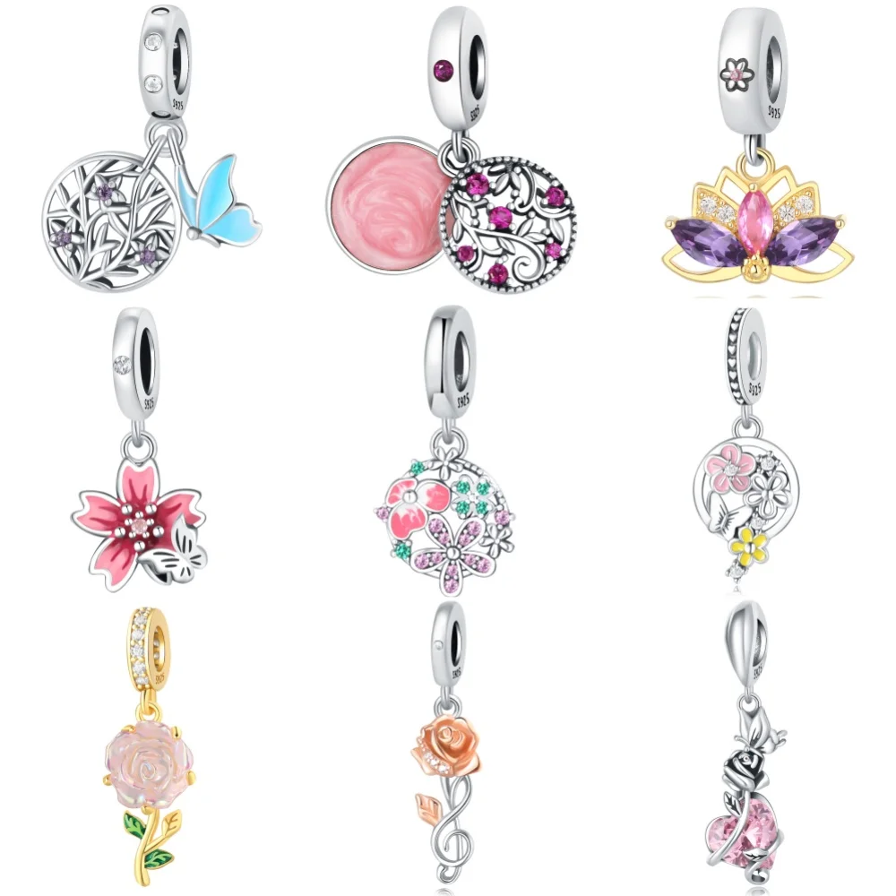 

925 Sterling Silver Sakura Sunflower Flower Plants Series Pendant Charms Beads Fit Original Pandora Bracelets S925 DIY Jewelry
