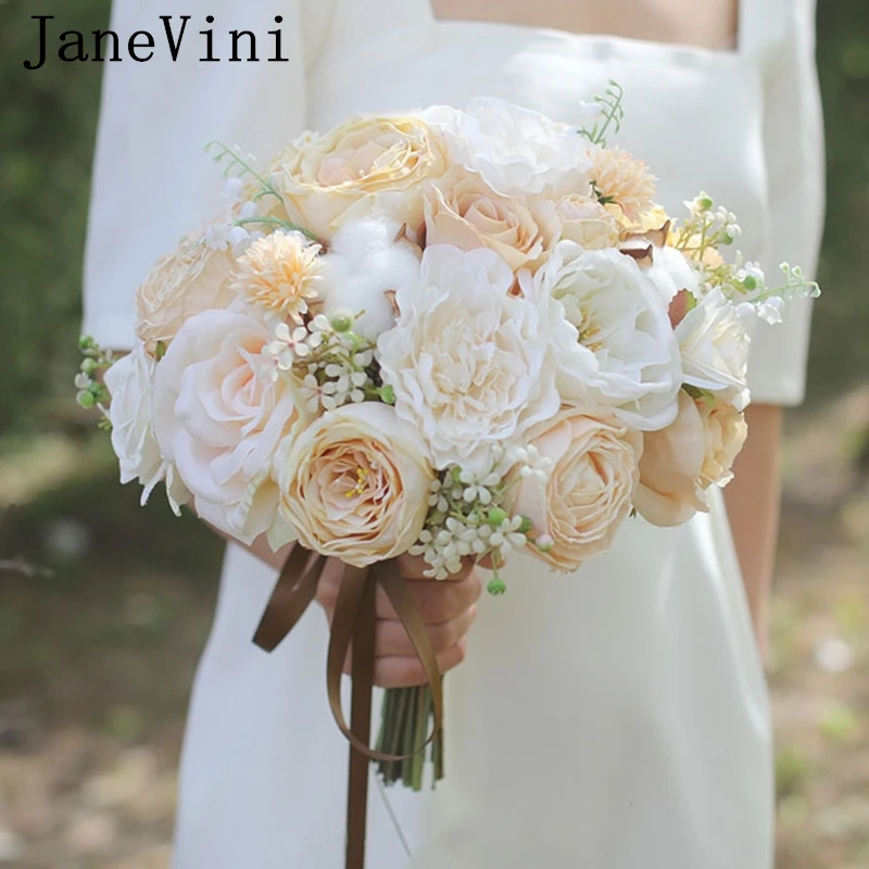 

JaneVini Artificial Bridal Bouquet De Mariee Champagne Rose Silk Bride Holding Flowers Boho Wedding Bouquets Accessoire Mariage