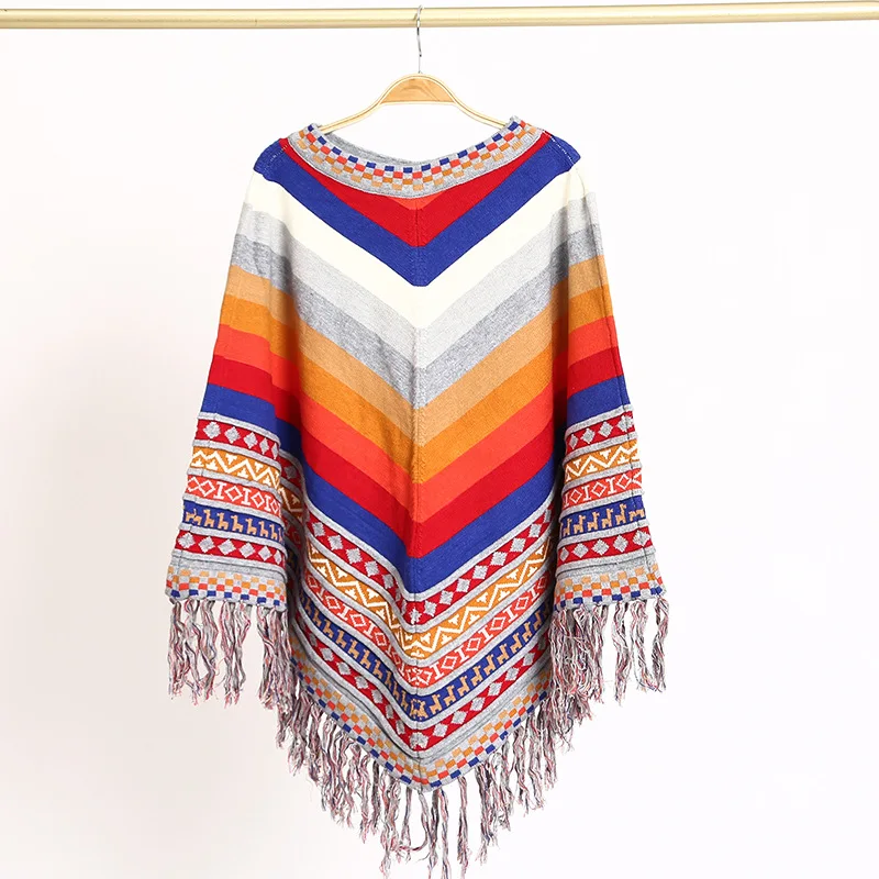 

Peruvian National Style Fashion Tassel Travel Coat Shawl Cloak Women's Autumn Winter Warm Cover Lady Ponchos Capes Orange