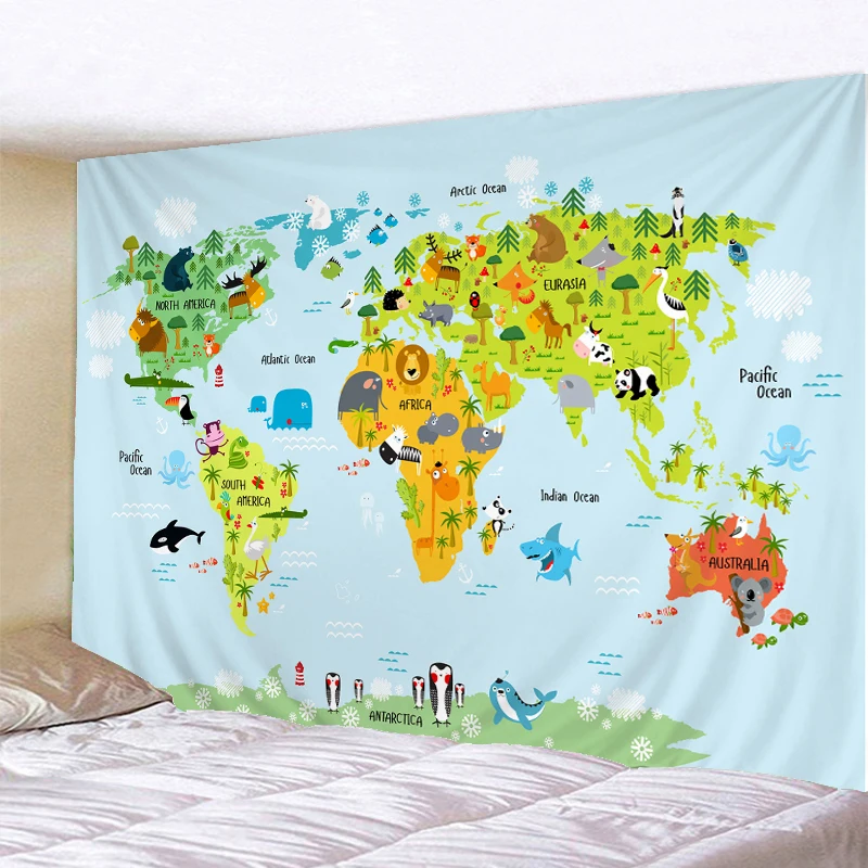 

Cartoon Animals Map Tapestry Wall Hanging Simple Style Cute Hippie Children Kawaii Room Home Decor wall cloth blanket