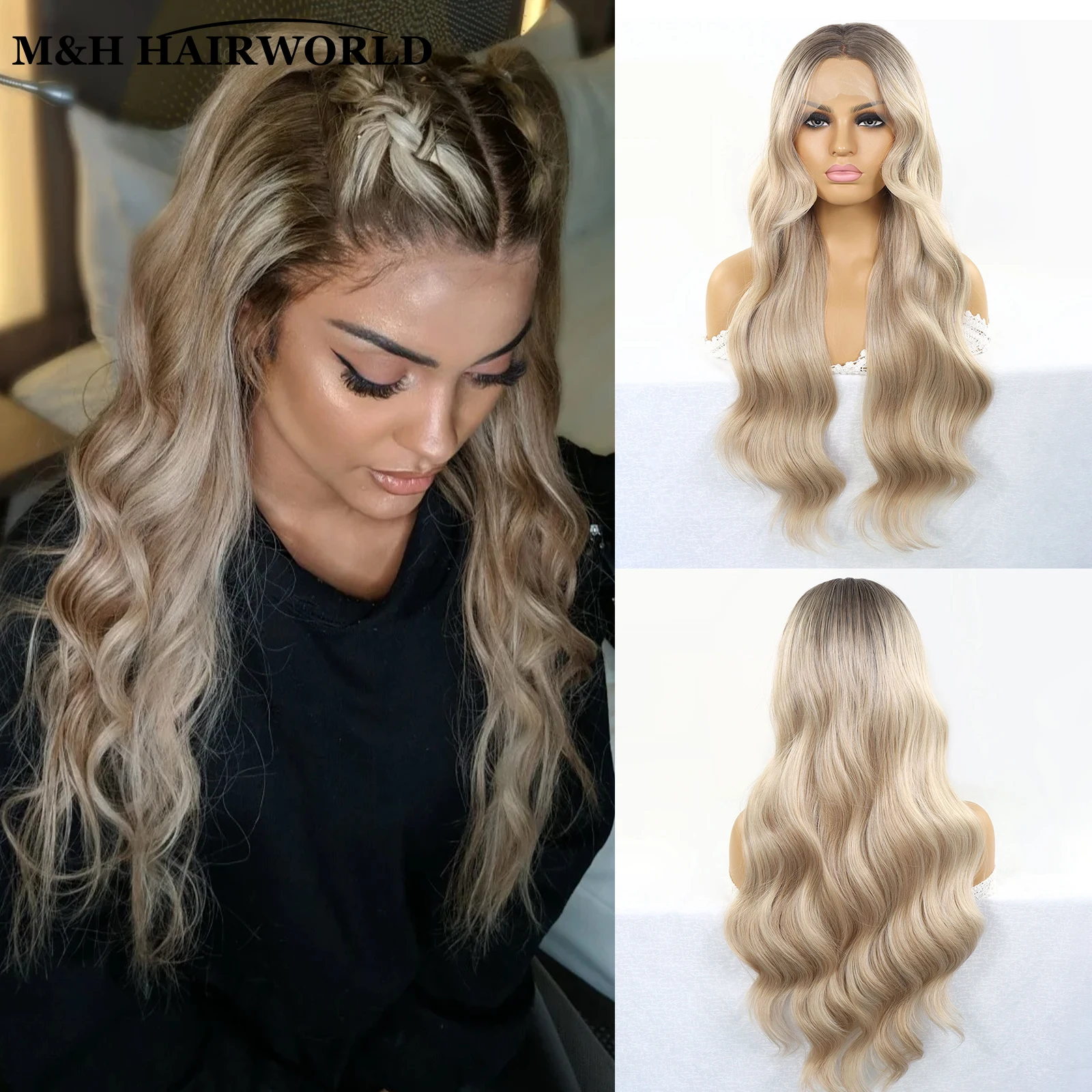 

30Inch Ash Blonde Highlight Colored Wig Natural Wavy Synthetic Hair Lace Front Wigs 13x3 Glueless Frontal Lace Wigs For Women