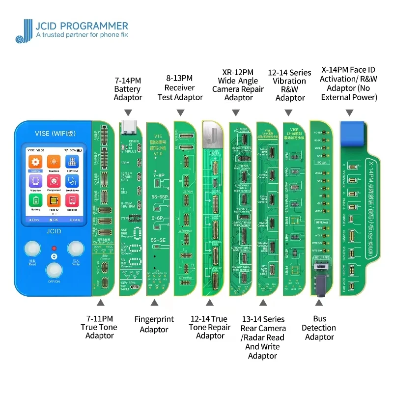 Программатор JC V1SE для 7 8 Plus X XS 11Pro max, инструмент для ремонта, светильник, сенсор, True Tone, яркость, сканер отпечатков пальцев, Battrey, чтение, запись
Программатор JC V1SE для 7 8 Plus X XS 11Pro max, инструмент для ремонта, светильник, сенсор, True Tone, яркость, сканер отпечатков пальцев, Battrey, чтение, запись