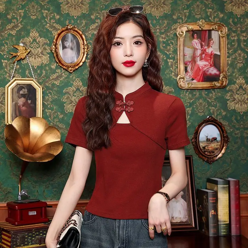 Cotton T Shirt Women Stand Collar Slim Tshirt Short Sleeve Hollow Out T-shirt Female Vintage Elasticity Tee Shirt Woman Top Q183
Cotton T Shirt Women Stand Collar Slim Tshirt Short Sleeve Hollow Out T-shirt Female Vintage Elasticity Tee Shirt Woman Top Q183