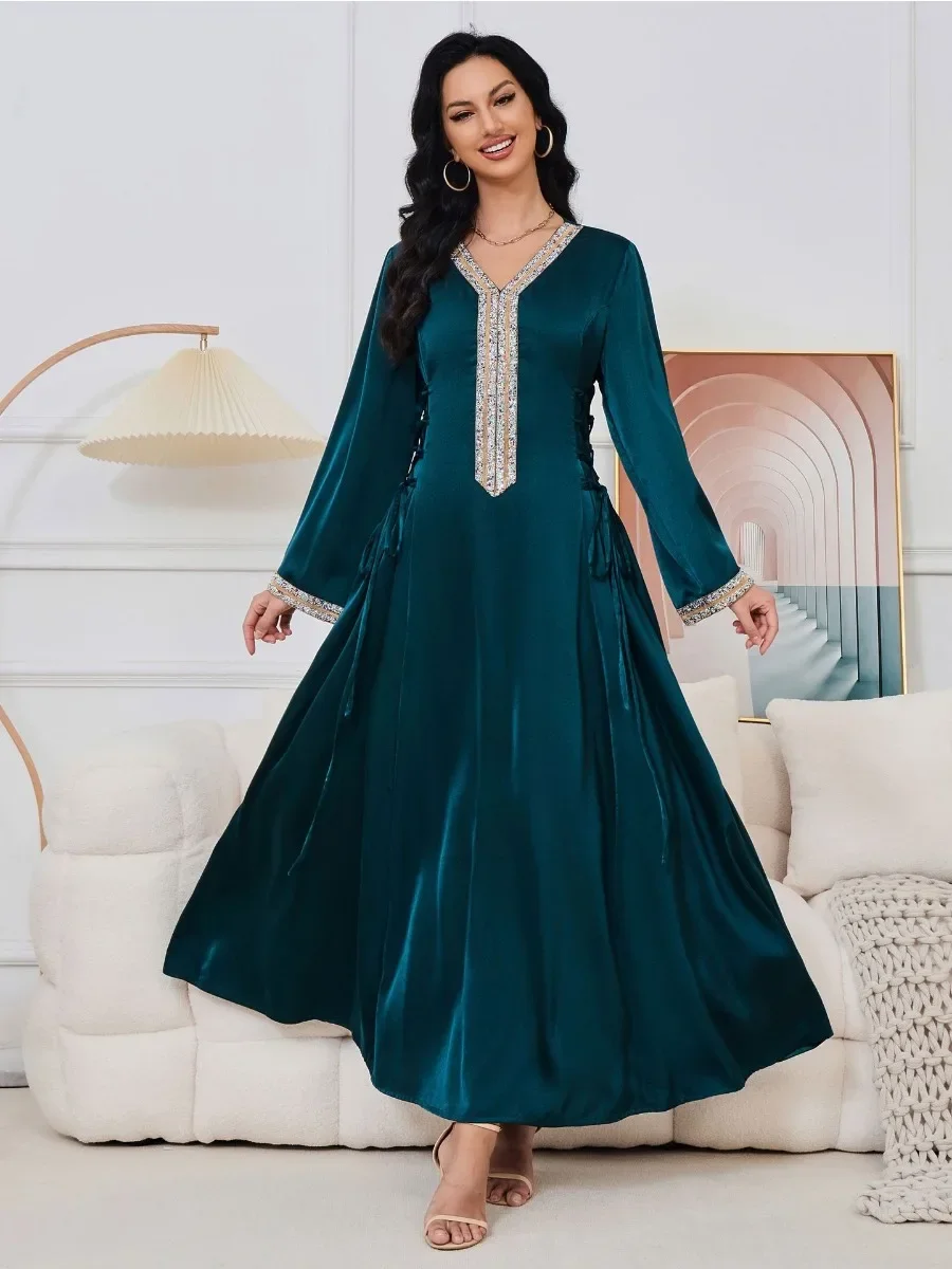

Eid, арабское мусульманское женское платье, Abaya Jalabiya, длинные платья со стразами, марокканский кафтан, платья, Дубай, Рамадан, халат 2024