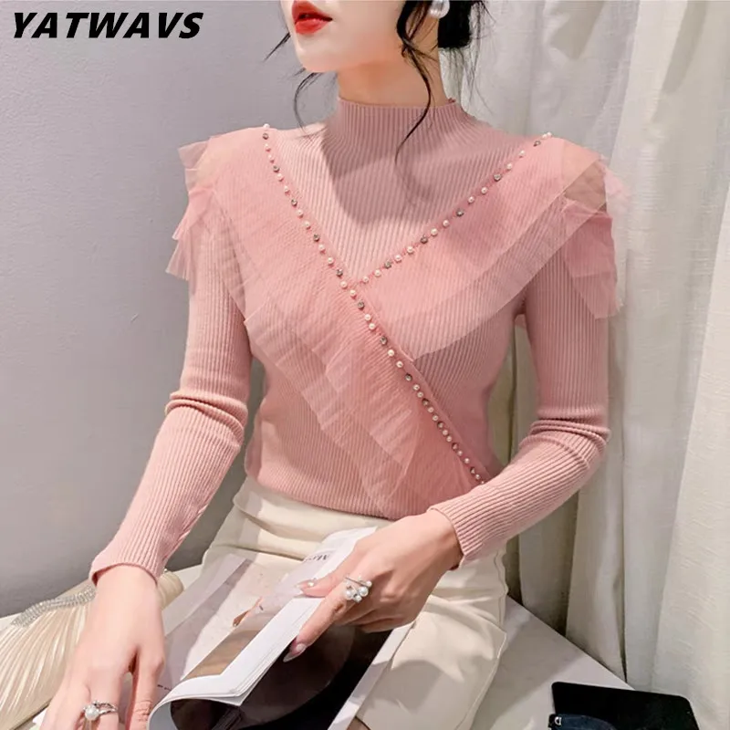 

New Arrivals Women Patched Mesh Ruffles Beading Sweater Sexy Hollow Out Off Shoulder Long Sleeve Lady Slim Diamonds Knitwear Top