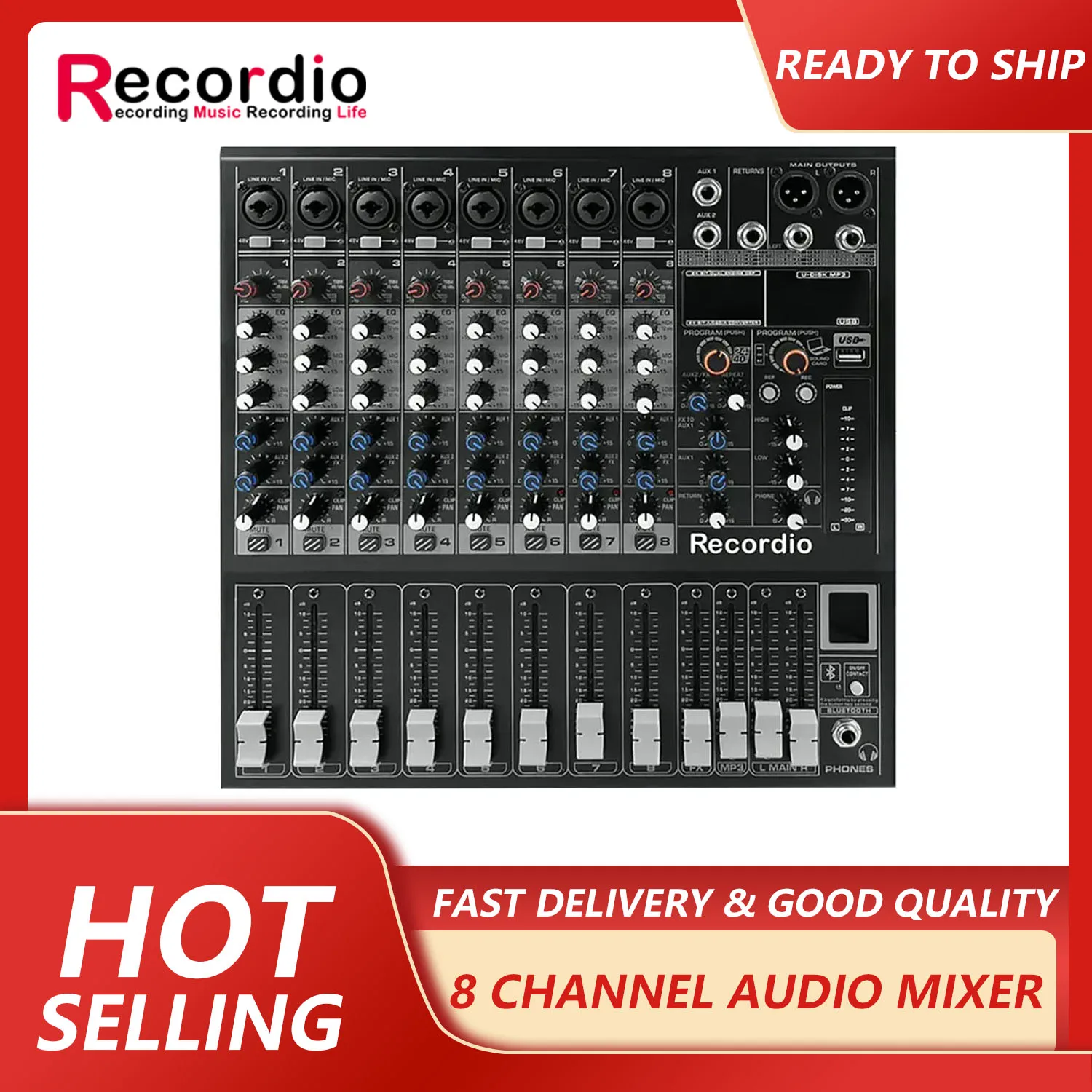 

GAX-M8 Pro 8 Channel DJ Audio Mixer with 256 DSP Reverb effect BT 5.0 USB Mixer USB for karaoke PC recording Microphones