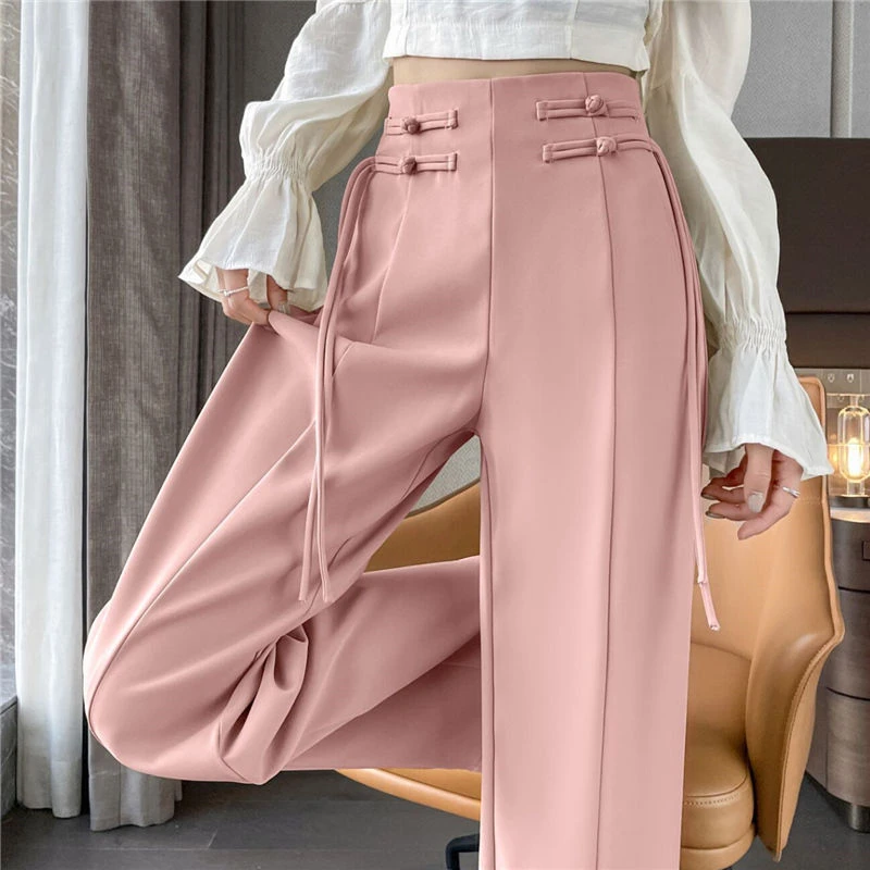 

Женская одежда, винтажные дизайнерские шикарные брюки в китайском стиле с высокой талией и широкими штанинами, повседневные однотонные прямые брюки, элегантные Панталоны