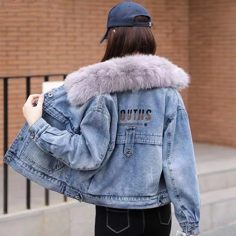 

Fluffy Turn Down Collar Thicken High Grade Denim Jacke Single-breasted Chic Loose Jacket Autumn Winter Korean Fashion Jaquetas