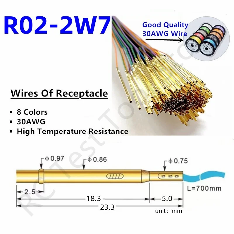 Socket R02-2W7 Length 23.3mm Dia 0.86mmSpring Test Probe Test Pin Receptacle PCB Pogo Pin Pre-wired With 30AWG Wire 700mm
Socket R02-2W7 Length 23.3mm Dia 0.86mmSpring Test Probe Test Pin Receptacle PCB Pogo Pin Pre-wired With 30AWG Wire 700mm
