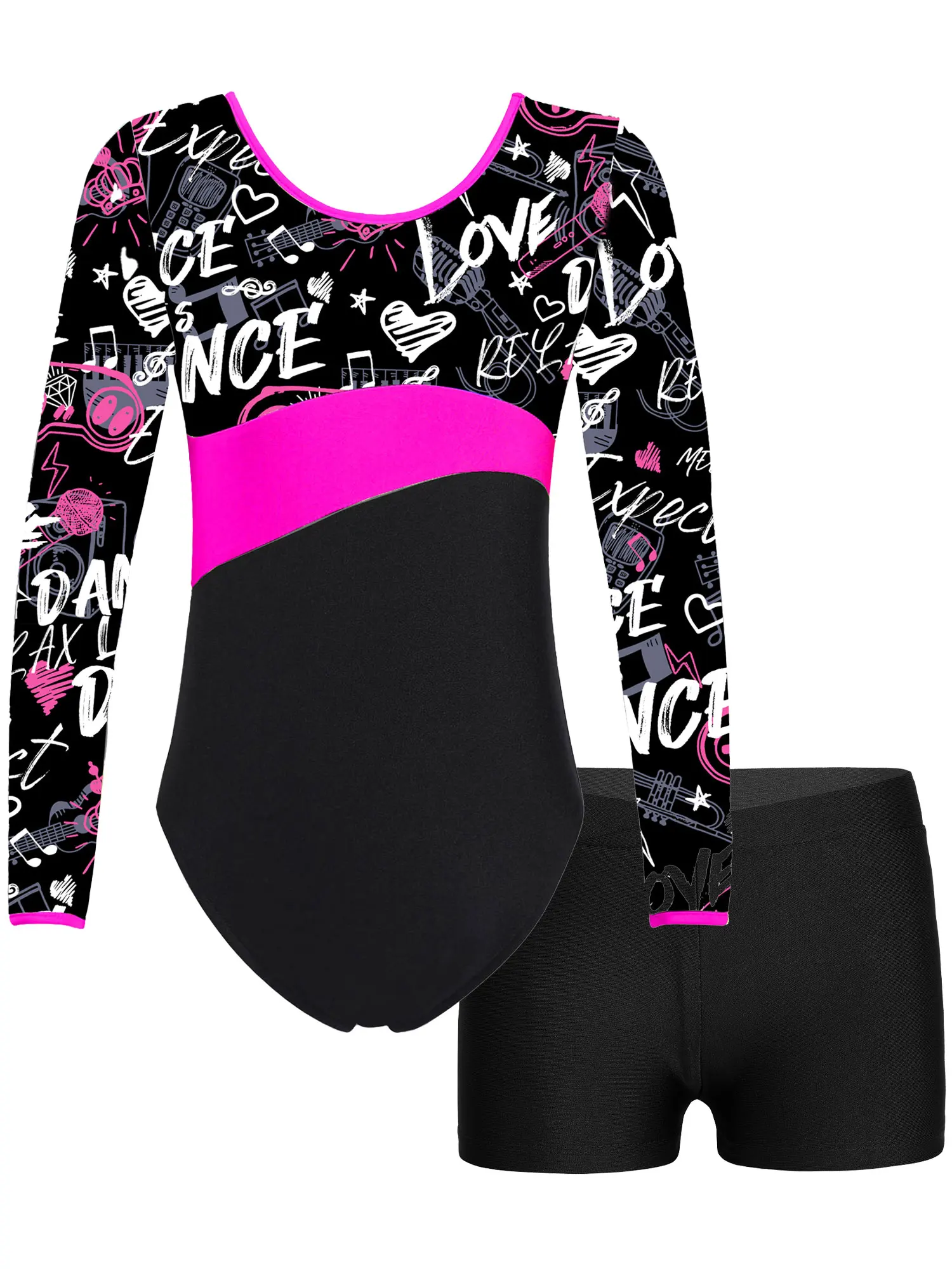 

Two-piece Kids Girls Long Sleeve Round Neckline Printed Patchwork Leotard with Black Shorts for Dance Sports Gymnastic Workout