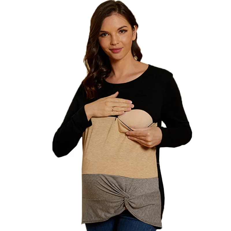 

Maternity Tops For Pregnant Stripe Splicing O-neck Long Sleeve T-shirt Women Blouse Nursing Breastfeeding