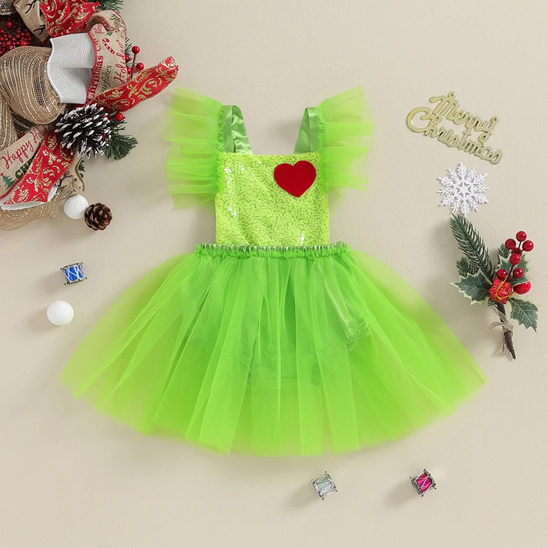 

2023-10-06 Lioraitiin 0-24M Newborn Baby Girl Christmas Clothes Fly Sleeve Sequins Heart Tulle Patchwork Romper Dress Outfits