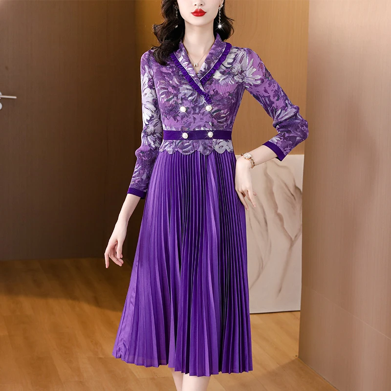 

Mike Pleated Magic Dress2023 New Women's Suit Collar Double breasted Waist Waist Slim High end Fashionable Large Size Long Dress