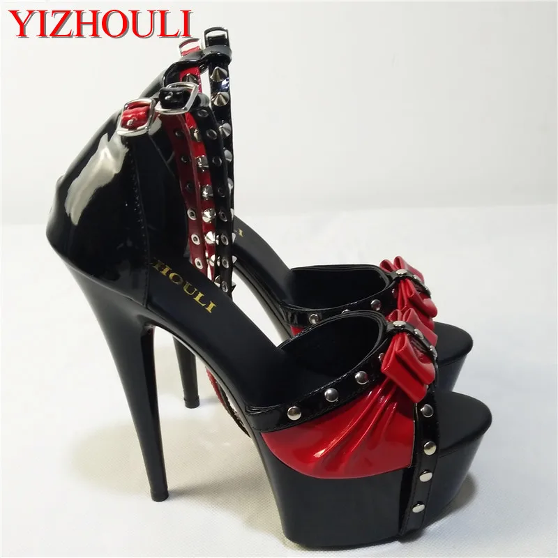

fashion unique rivets 15cm ultra high heels sandals 6 inch Spell color rivet high heels Ankle straps High Heel Sexy dance shoes