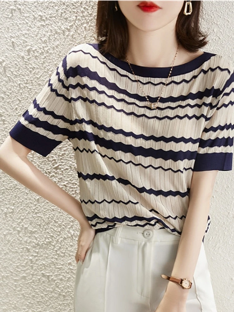 Summer Tops Striped Tshirts For Woman Hollow Out Short Sleeve O Neck T-shirts Loose Casual Women Clothing Tees Shirt Femme Top
Summer Tops Striped Tshirts For Woman Hollow Out Short Sleeve O Neck T-shirts Loose Casual Women Clothing Tees Shirt Femme Top
