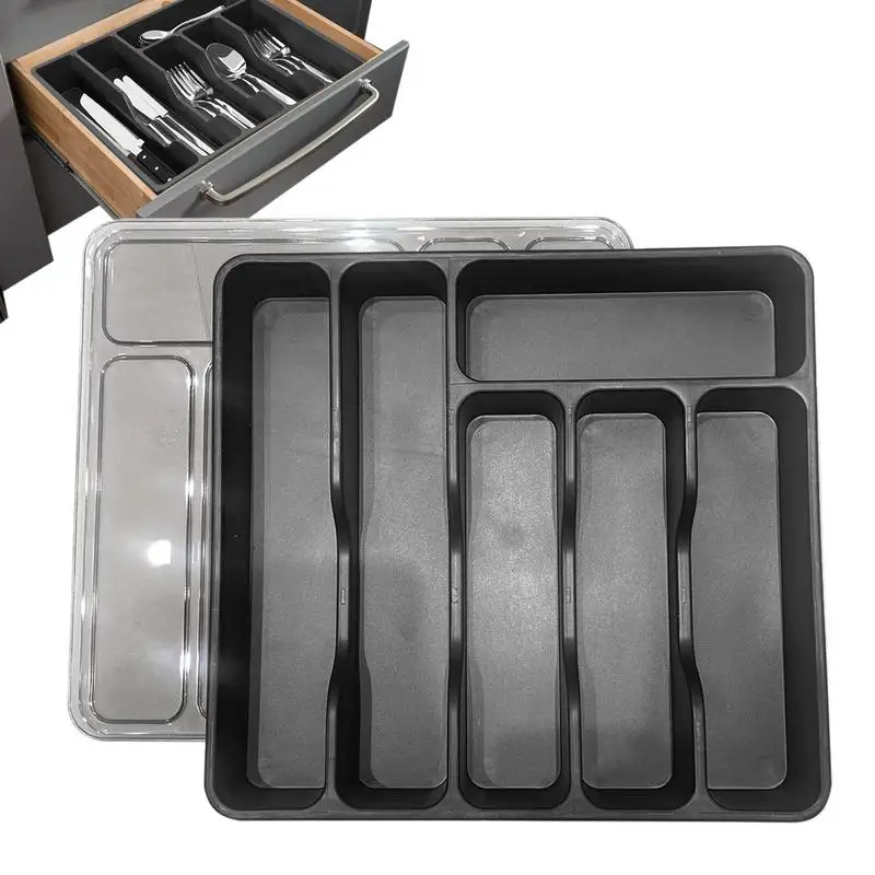 

Silverware Tray Utensil Tray With Cover Drawer Organizer For Kitchen Countertop Flatware Storage Holder With 6 Compartments